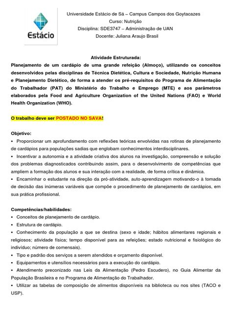 Planejamento De Um Cardápio Semanal Para Uma Unidade De Alimentação E