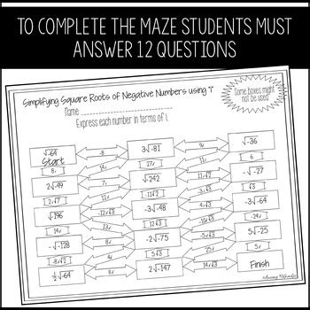 Simplifying Square Roots Of Negative Numbers Using I Maze Activity