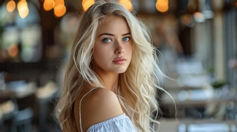 A Woman With Blonde Hair And Blue Eyes Looks At The Camera Premium Ai Generated Image