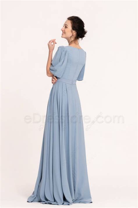 Steel Blue Modest Bridesmaid Dresses With Elbow Sleeves Edresstore