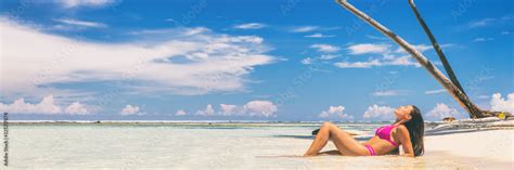 Beach Suntan Bikini Woman Sunbathing Lying In Ocean Banner Panorama