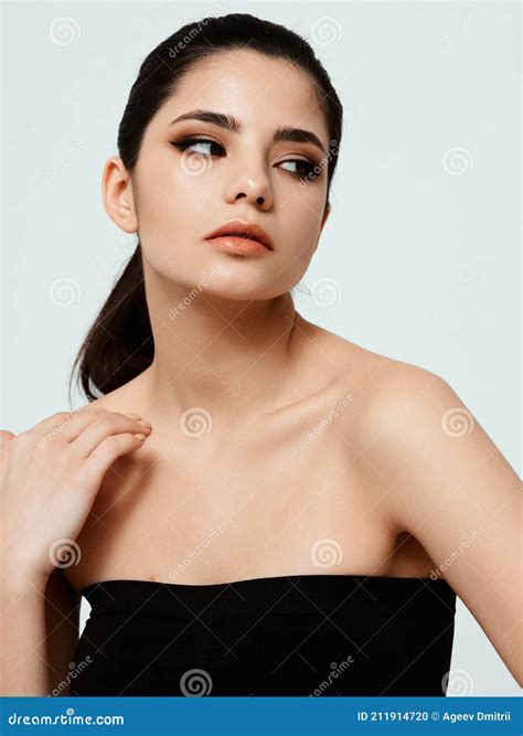 Beautiful Brunette Naked Shoulders Black Dress Evening Makeup Stock Photo Image Of Face