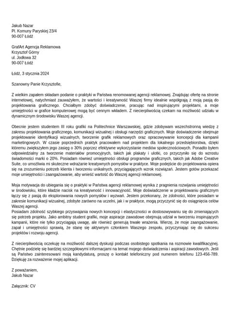 Przykładowy list motywacyjny na praktykę studencką | Jobseeker
