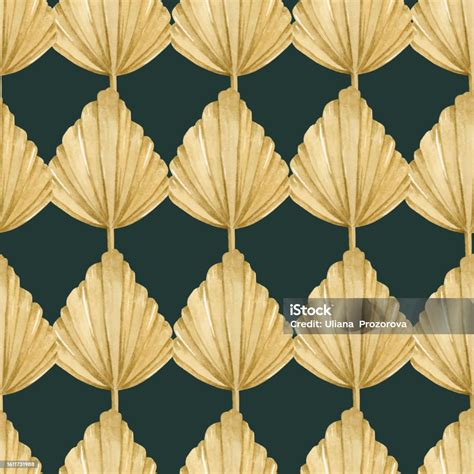 Golden Art Deco Leaves Watercolor Seamless Pattern Stock Illustration