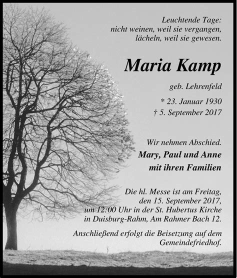 Traueranzeigen Von Maria Kamp Trauer In Nrw De