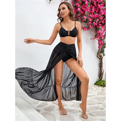 Black Push Up 3 Piece Bikini Set With Long Skirt Swimwear India