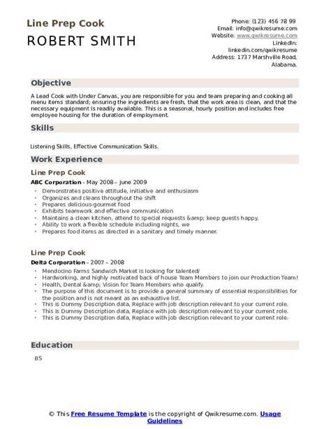 Line Prep Cook Resume Samples Qwikresume