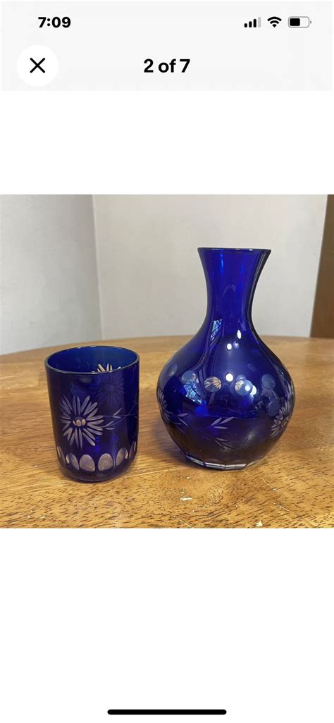 Vintage Bohemian Cobalt Blue Cut To Clear Glass Tumble Up Bedside Decanter No Chips Cracks Or