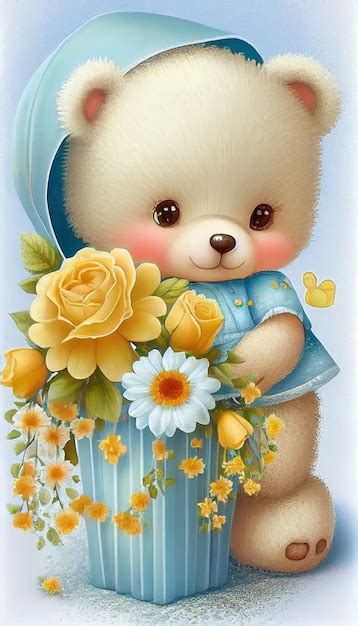 Premium Photo There Is A Teddy Bear With A Blue Hat And A Bouquet Of