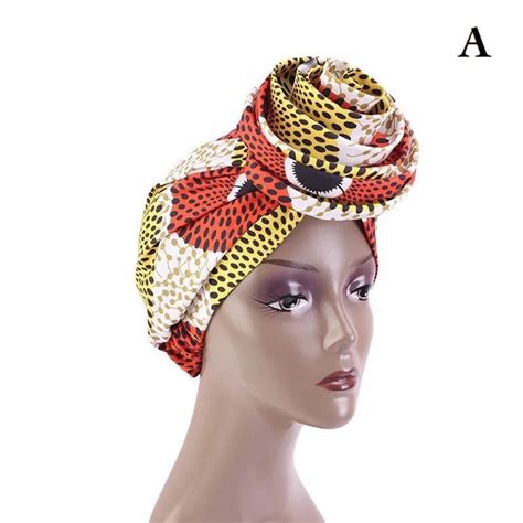 African Print Head Wrap Ankara Satin Lined Rose Knot Pre Tied Turban