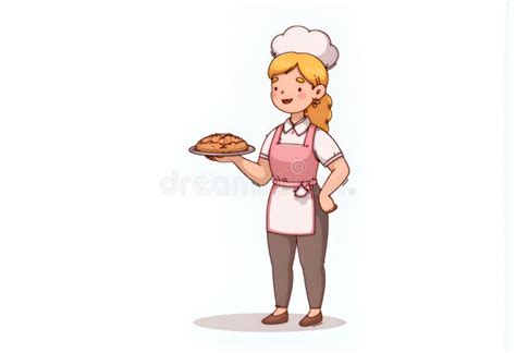 Cheerful Blonde Chibi Baker In Pink Apron Holding Pastry Korean Cartoon Style Illustration On