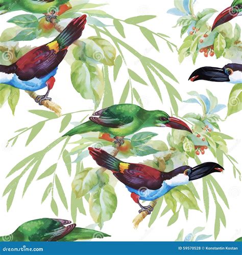 Watercolor Wild Exotic Birds On Flowers Seamless Pattern On White