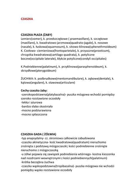 Anatomia Kolokwium 1 kolos 1 CZASZKA CZASZKA PŁAZA ŻABY Lemierz