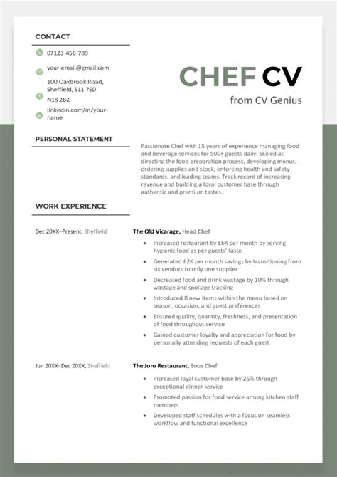 Chef Cv Example Writing Guide Cv Genius