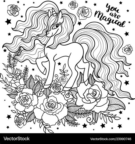 Beautiful rainbow unicorn black and white Vector Image
