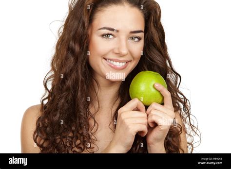 Beautiful Brunette Holding Apple Stock Photo Alamy