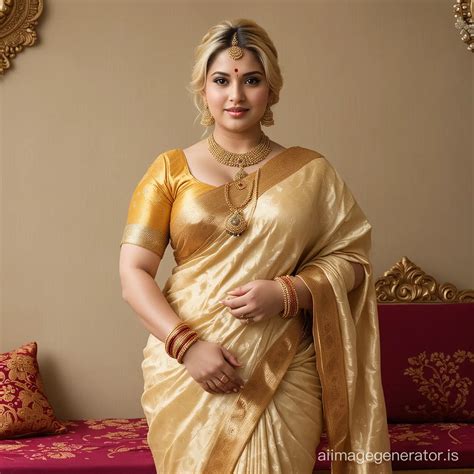 Elegant Blonde Woman In Traditional Banarasi Saree With Gold Jewelry At Wedding Celebration AI