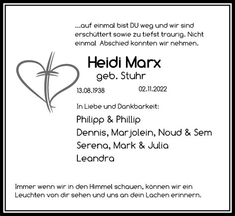 Traueranzeigen Von Heidi Marx Trauer Anzeigen De