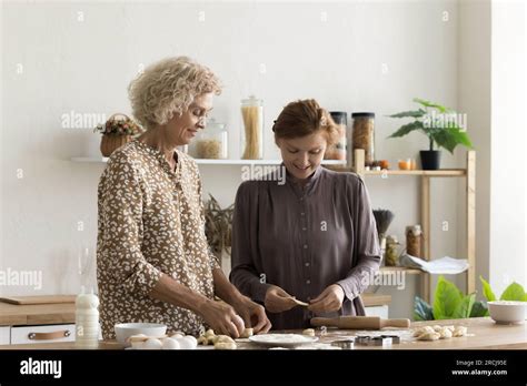 Positive Mature Mother And Adult Daughter Woman Cooking Together Stock Photo Alamy