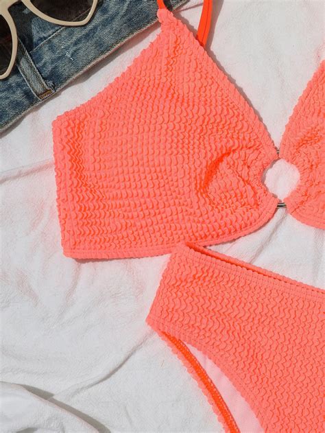 Ensemble bikini texturé à détail anneau O soutien gorge à fines brides Bas de bikini pièces