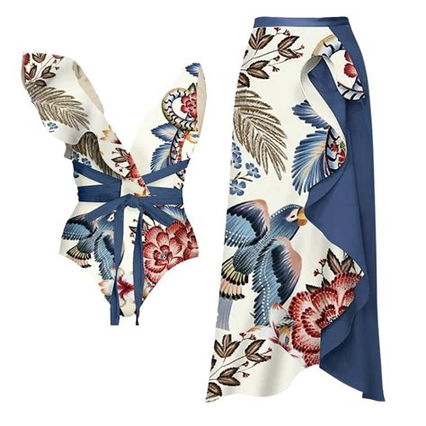 Generic New Bikini One Shoulder Flounce Kyorochan Printed Split Swimsuit And Wrap Skirt