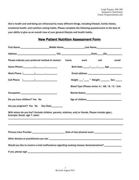 Pediatric Nutrition Assessment Form Printable Pdf Download Images