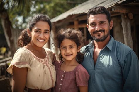 Retrato de familia latina feliz abrazándose en el contexto rural Foto Premium