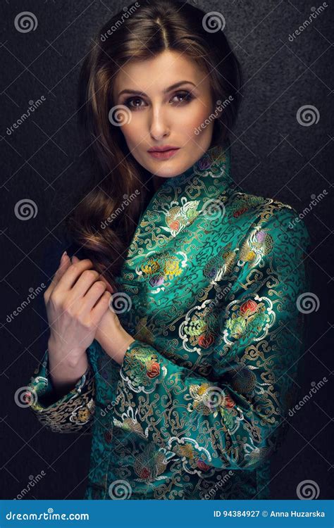 Attractive Brunette Woman Posing In Fashionable Japanese Style J Stock Image Image Of Fashion