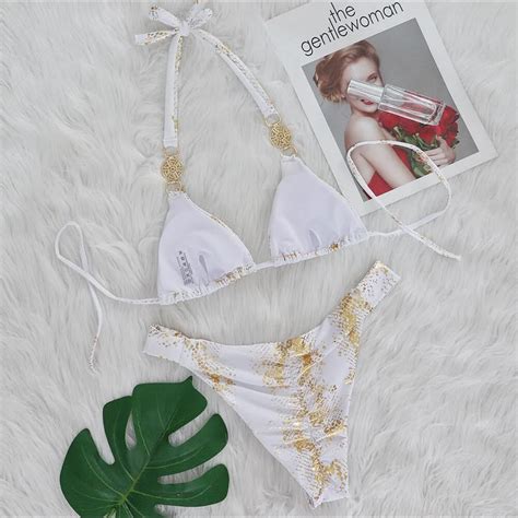 New Style Gold Snake Printing Bikini Crystal Diamond Metal Strap Swimsuit Hangzhou Sunra