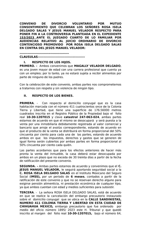 C O N V E N I O - convenio para un divorcio voluntario - CONVENIO DE
