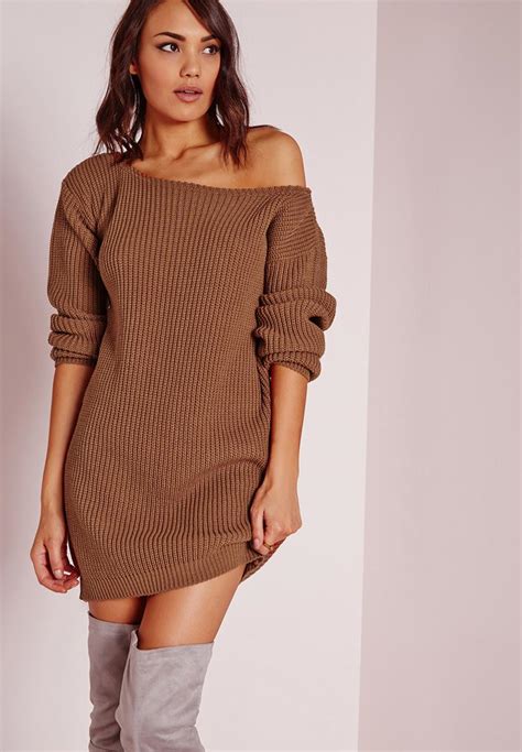 Off Shoulder Jumper Dress Brown Missguided Casual