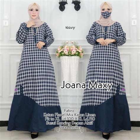 Jual Gamis Joana Maxy Flanel Mix Katun Linen Motif Kotak Free Masker