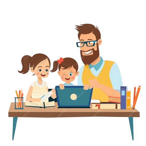 Parents Guide Their Children Online Learning On The Desk, Computer