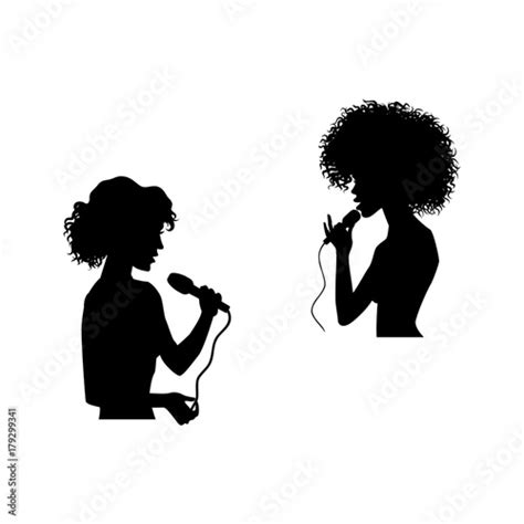 Vector Woman Portrait Caucasian And Afro American Silhouettes Singing