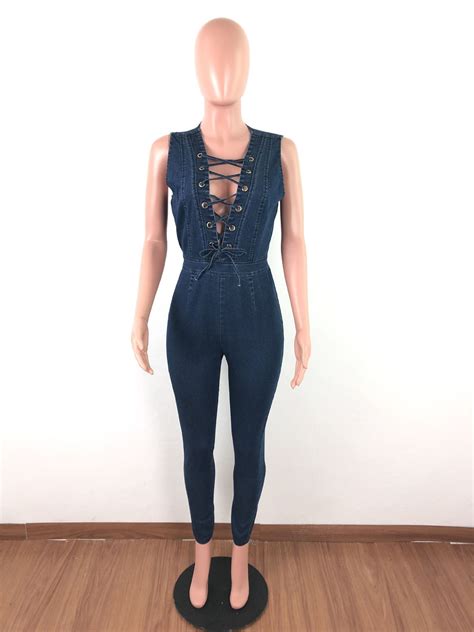 Sleeveless Lace Up Chambray Denim Jumpsuit