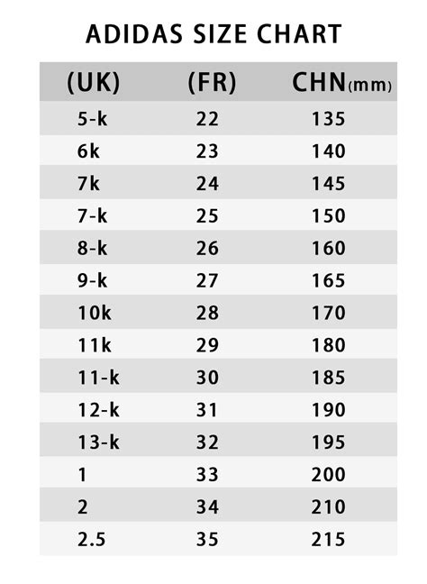 Adidas Size Chart For Kids