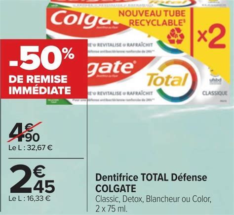 Promo Colgate dentifrice total défense chez Carrefour