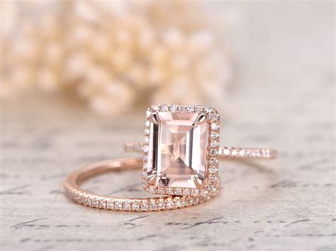 6x8mm Emerald Cut Morganite Ring Set Emerald Cut Engagement Etsy