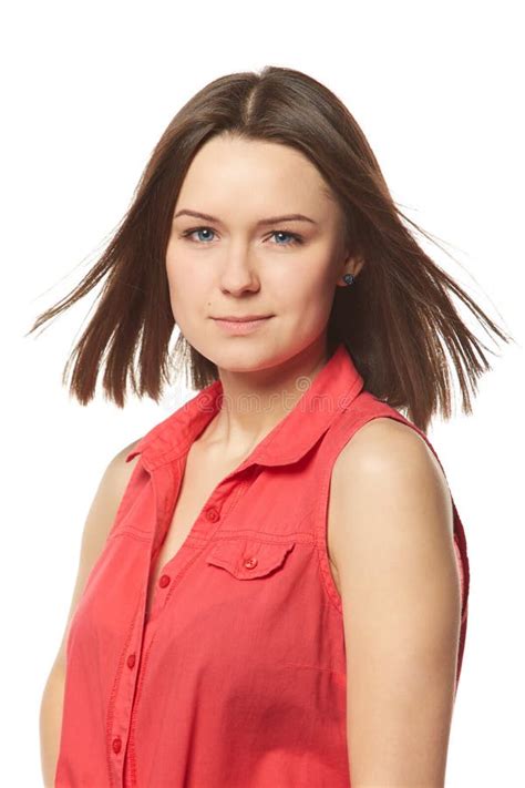 Pretty Brunette In Red Shirt On White Background Stock Photo Image Of Back Floor 49166836