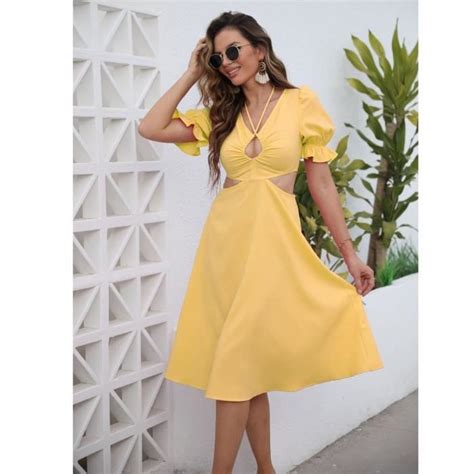 Robe Femme Col En V Glamour Moulante Chic Sexy Boh Me Jaune Jaune