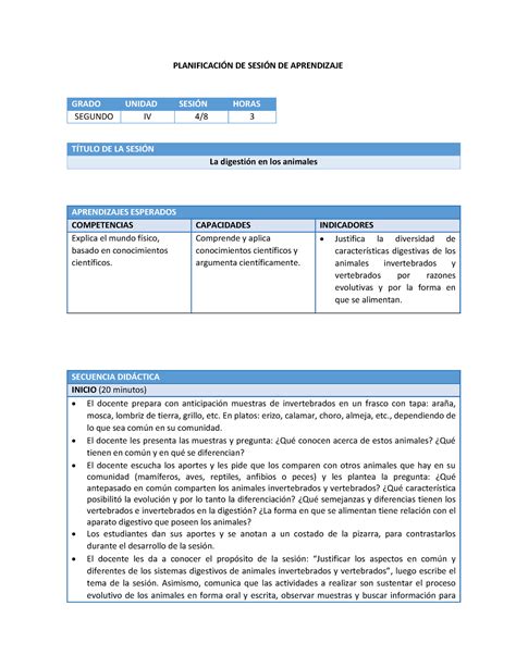 Sesión DE Aprendizaje Digestión EN LOS Animales PLANIFICACIN DE SESI