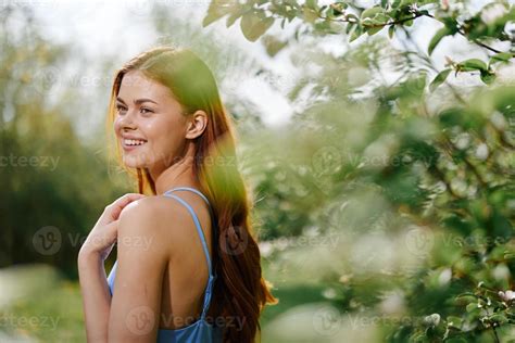 Woman Smile With Teeth In Profile Happiness In Nature In The Summer