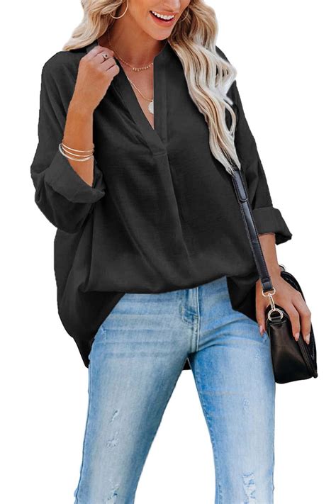 Ancapelion Womens Hot Pink Chiffon Blouse Long Sleeve Round Neck Ruffled Shirt Loose Casual