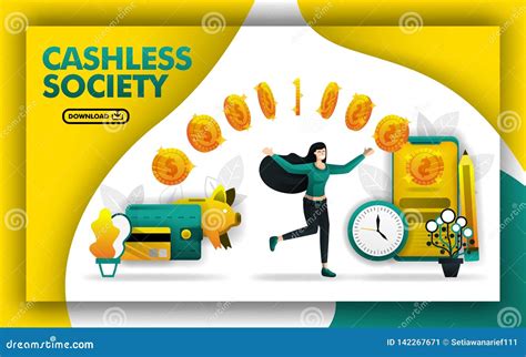Illustration Of A Cashless Society Woman Moves Money From Her Wallet