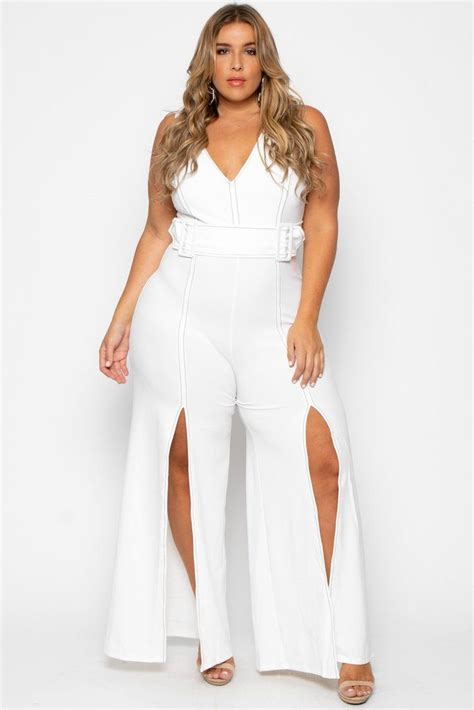 Plus Size Split Leg Belted Jumpsuit White Wide Leg Jumpsuit White