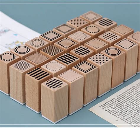 68pcs Geometric Wooden Stamp Set Basic Rubber Wood Stamp Craft Label