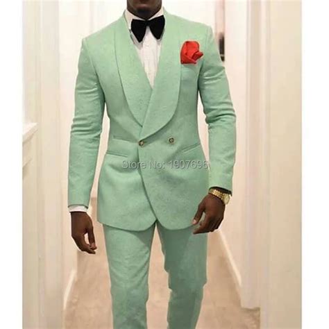 Мятно-зеленый Slim Fit мужские костюмы с двубортным для свадьбы смокинг ...