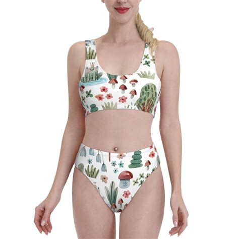 Adobk Frog And Forest Plants Print Women High Waisted Bikini Set Sports Swimsuit Bathing Suit