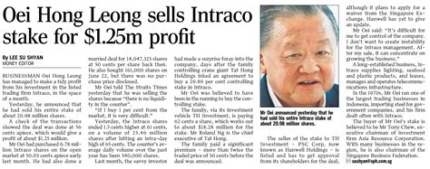 Singapore Straits Times News Oei Hong Leong Sells Intraco Stake For 1