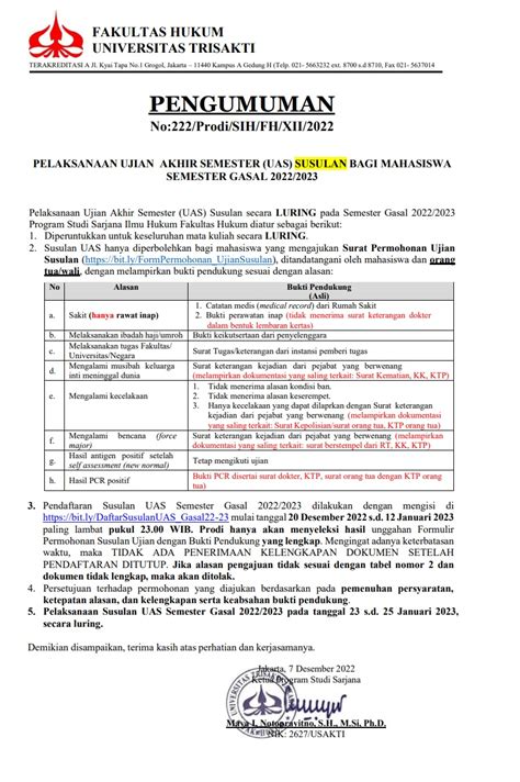 PENGUMUMAN PELAKSANAAN UJIAN AKHIR SEMESTER UAS SUSULAN BAGI